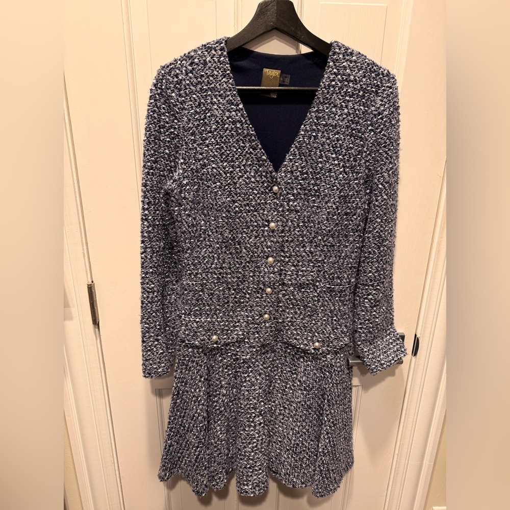 Taylor Blue Tweed Dress w/ Pearl Buttons